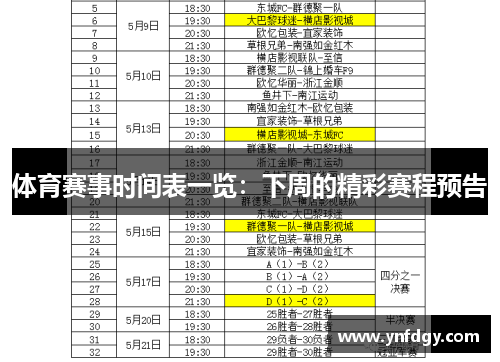 体育赛事时间表一览：下周的精彩赛程预告