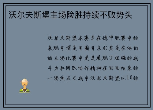 沃尔夫斯堡主场险胜持续不败势头